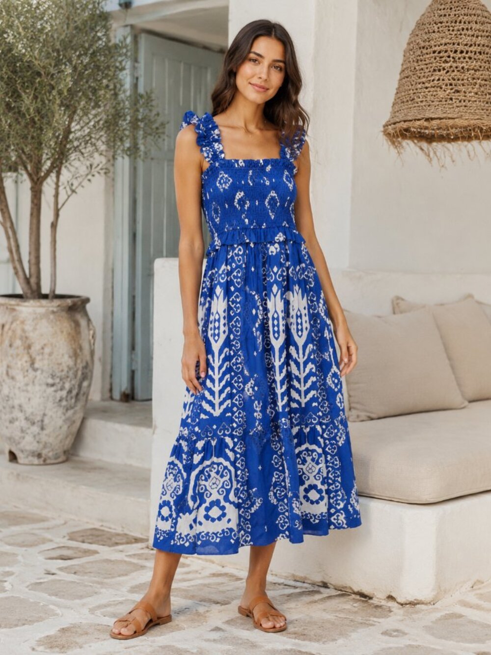 SEA New York Smocked Sonja MIDI DRESS Small Blue White